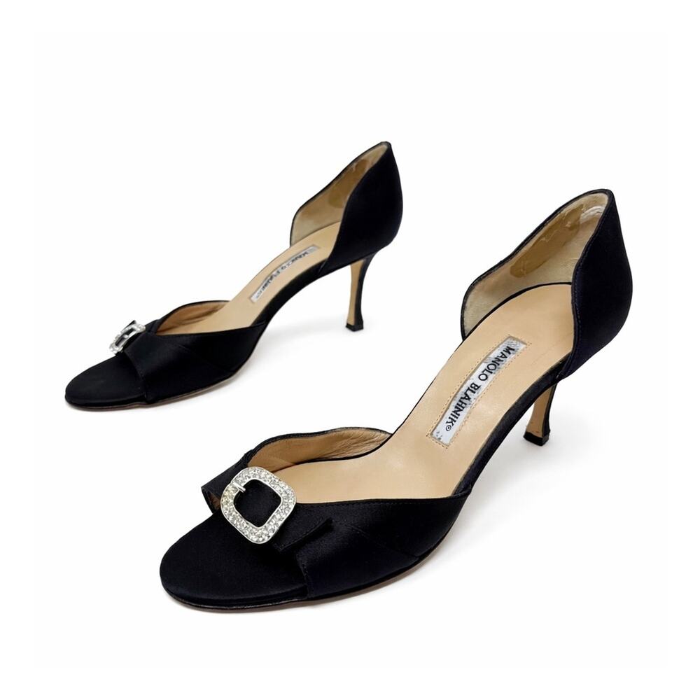 Manolo Blahnik Black Satin Crystal Buckle D’Orsay Heels Womens Size EU 40